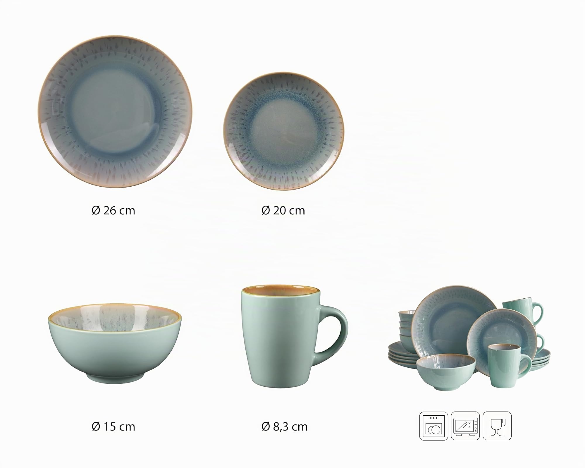 ECHTWERK Servizio da tavola "Ana", 16 pezzi, design moderno, per 4 persone, elegante set di stoviglie in porcellana con 4 piatti piani, 4 piatti contorni, 4 ciotole, 4 tazze da tè