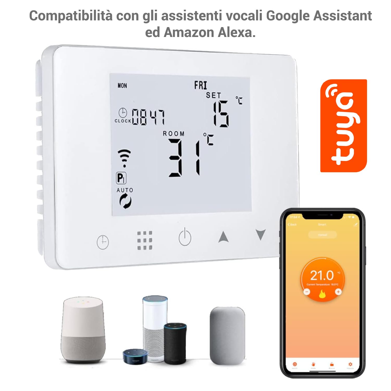 Crisalide ® - Cronotermostato Wi-Fi digital programable con control remoto y compatibilidad inteligente, compatible con Google y Alexa, blanco