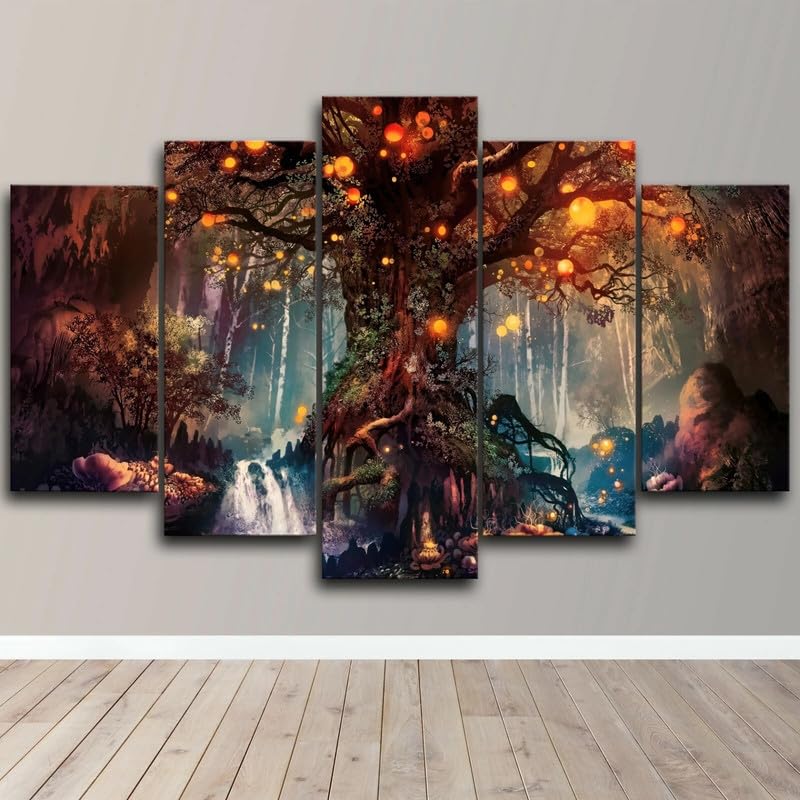 Tableau Multi Panneau 5 parties Tableau sur Toile,Forêt Arbre Nature,tableau mural decoration salon moderne xxl,cadre,accroche cadre sans percer,Créatif Cadeau,125x60cm