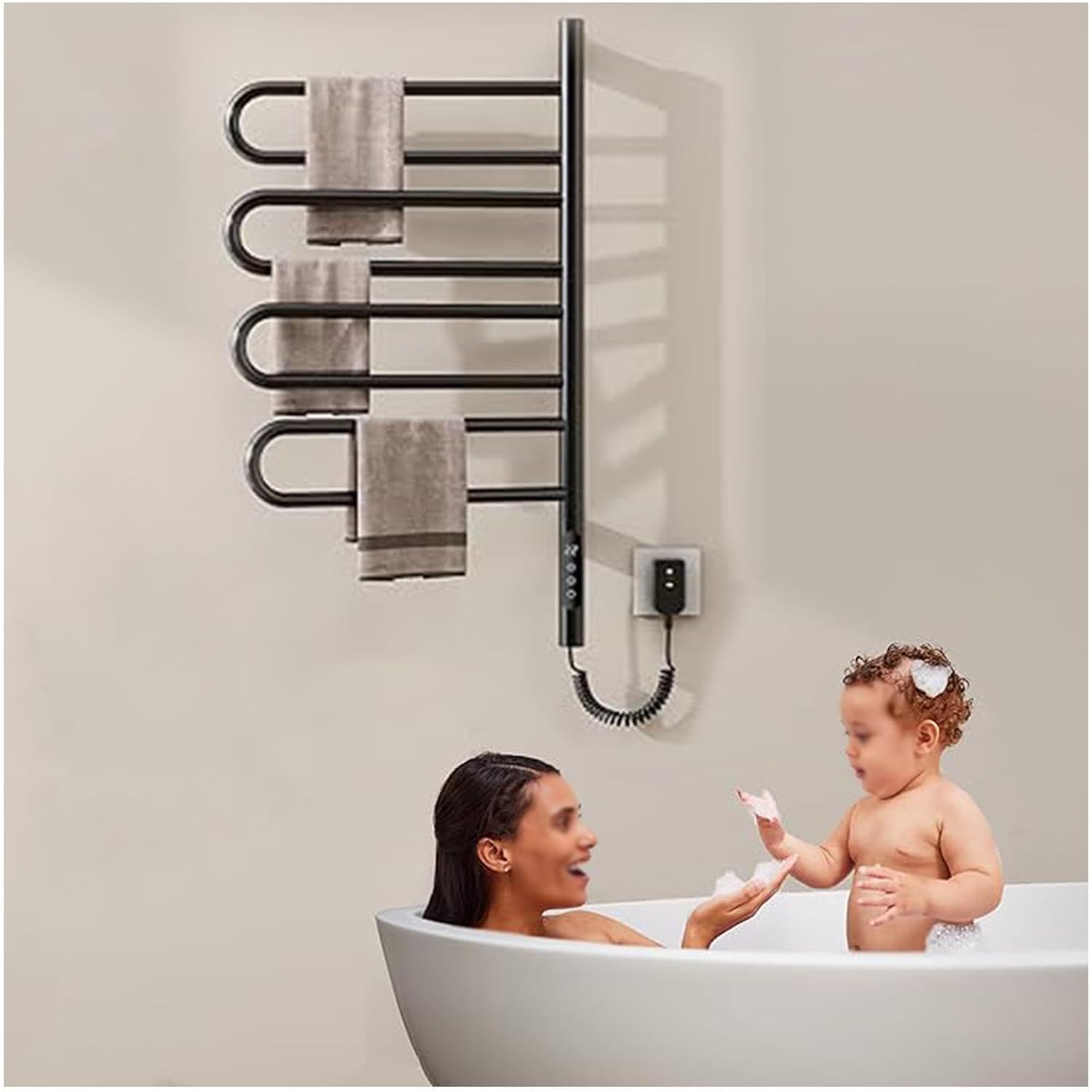 Electric Towel Warmer Rotatable 180°, Towel Warmer with Timer,LED Display,Constant Temperature Control, Warm Towel Rack Plug-in/Hardwired,Black (Black)
