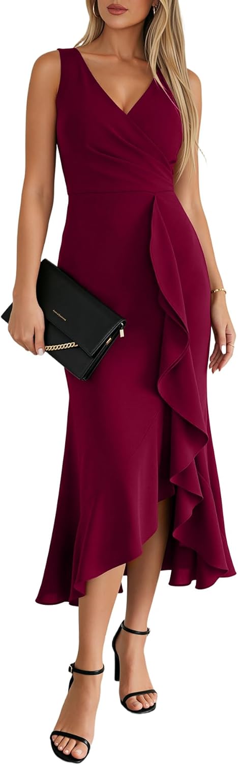 OWIN Women Sexy V Neck Sleeveless Faux Wrap Ruched Bodycon Midi Ruffle Hem Cocktail Party Wedding Guest Dress