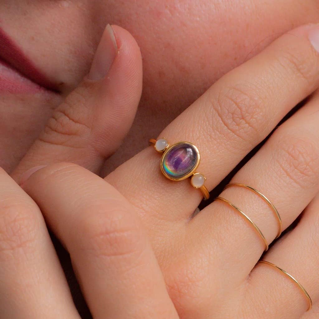 Honeycat Bejeweled Oval Mood and Moonstone Bezel Ring in Gold, Rose Gold, or Silver | Dainty Minimalist Fun Jewelry