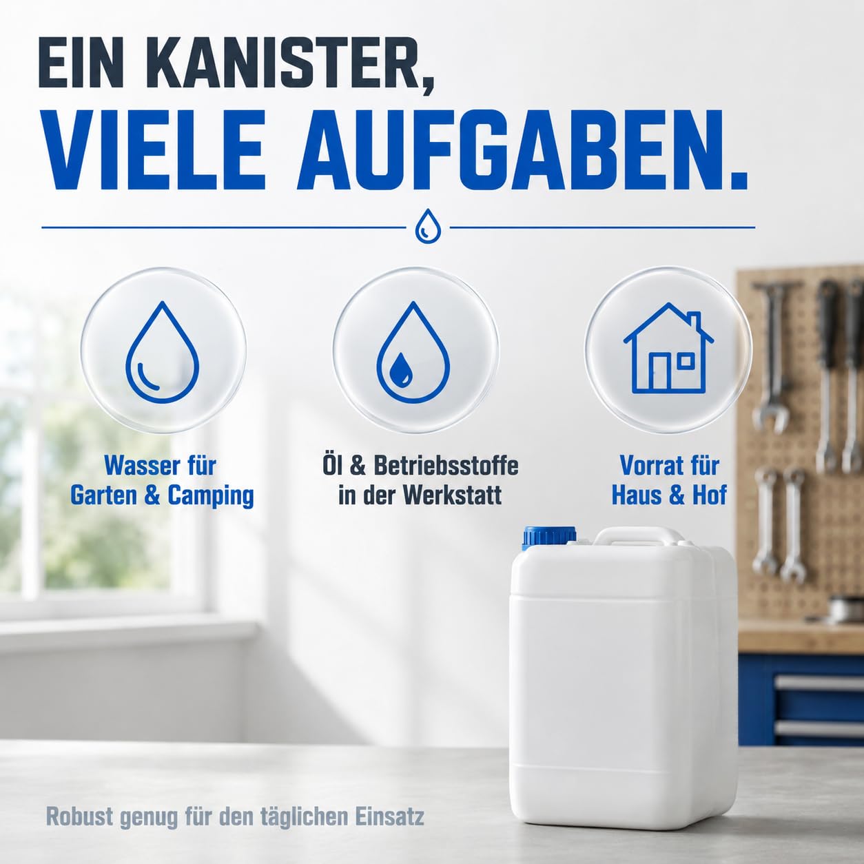 POSH Bidón de 5 x 20 l con tapón de rosca, recipiente transparente de polietileno de alta densidad para líquidos agua y aceite, hermético y apilable, bidón grande de plástico para el hogar, jardín y
