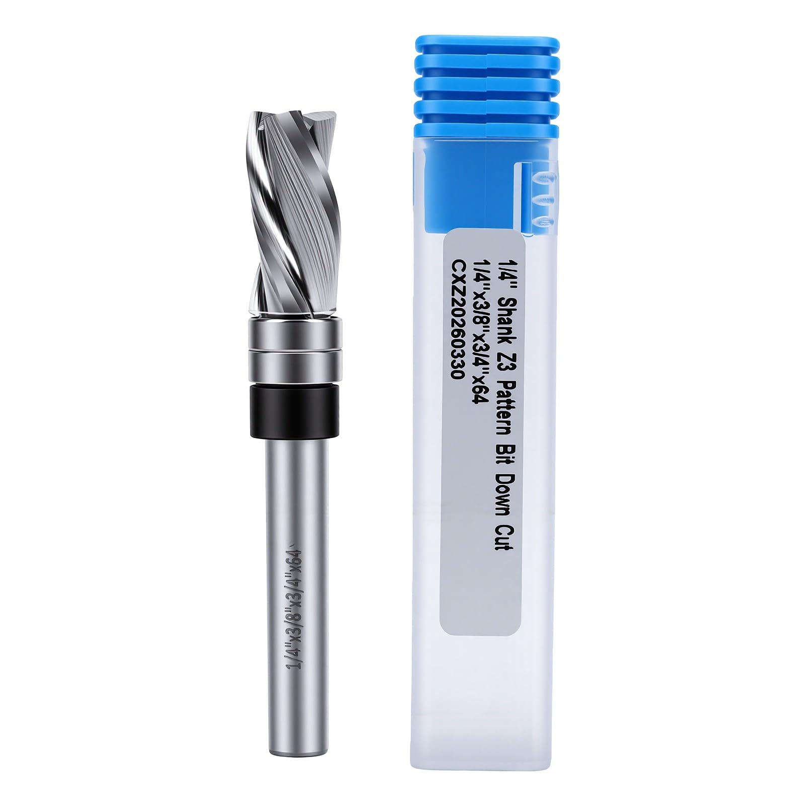 Eujgoov Fresa de Corte de 3/4 Pulgadas para Enrasar, 3/8 Pulgadas de Diámetro de Corte 3 Flautas de Descendente con Rodamiento Guía para Madera Contrachapada y Madera Maciza