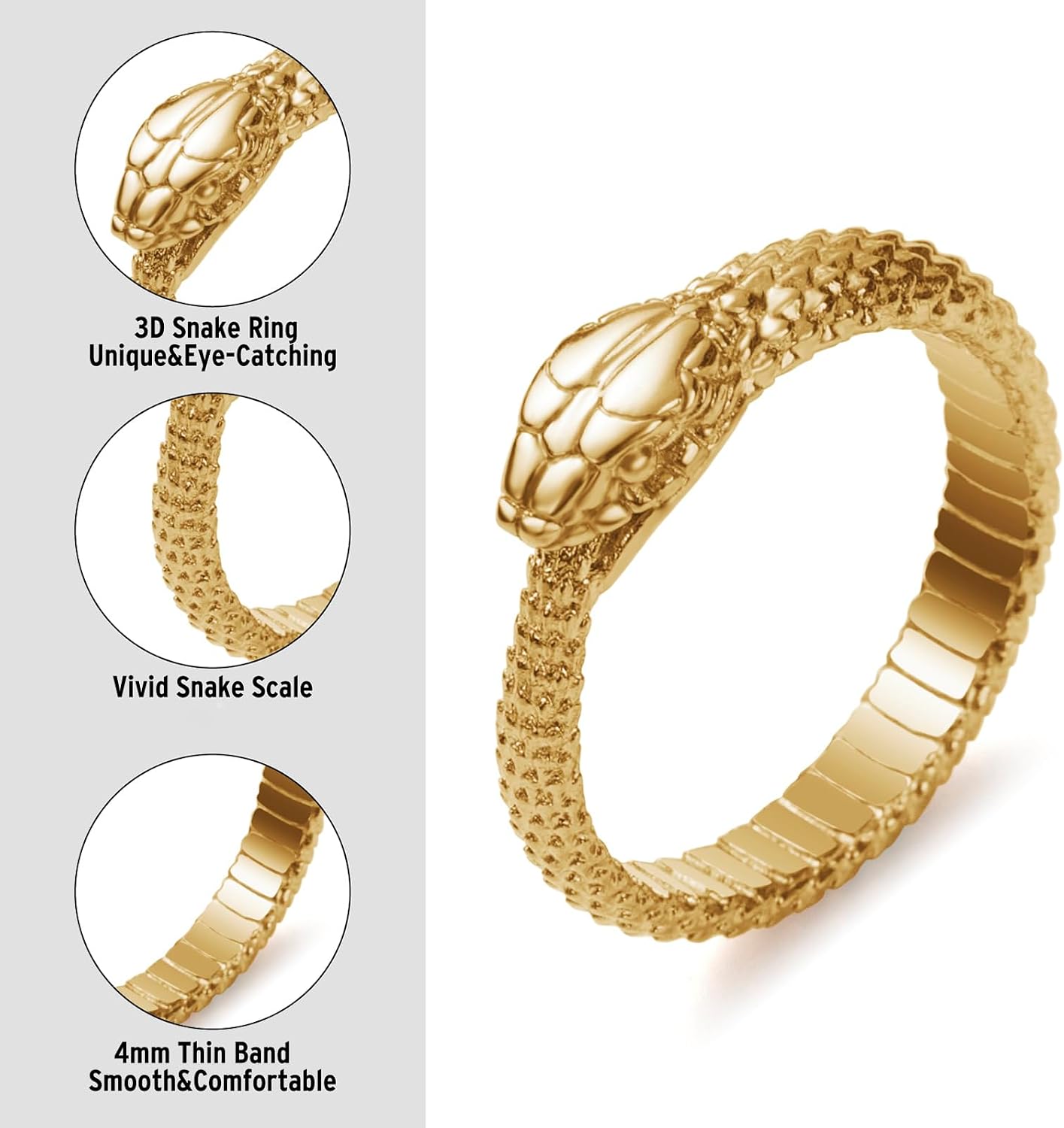 Snake Ring for Men Stainless Steel Snake Ring Gothic Biker Punk Animal Rings for Men Women Boys Size 7-13