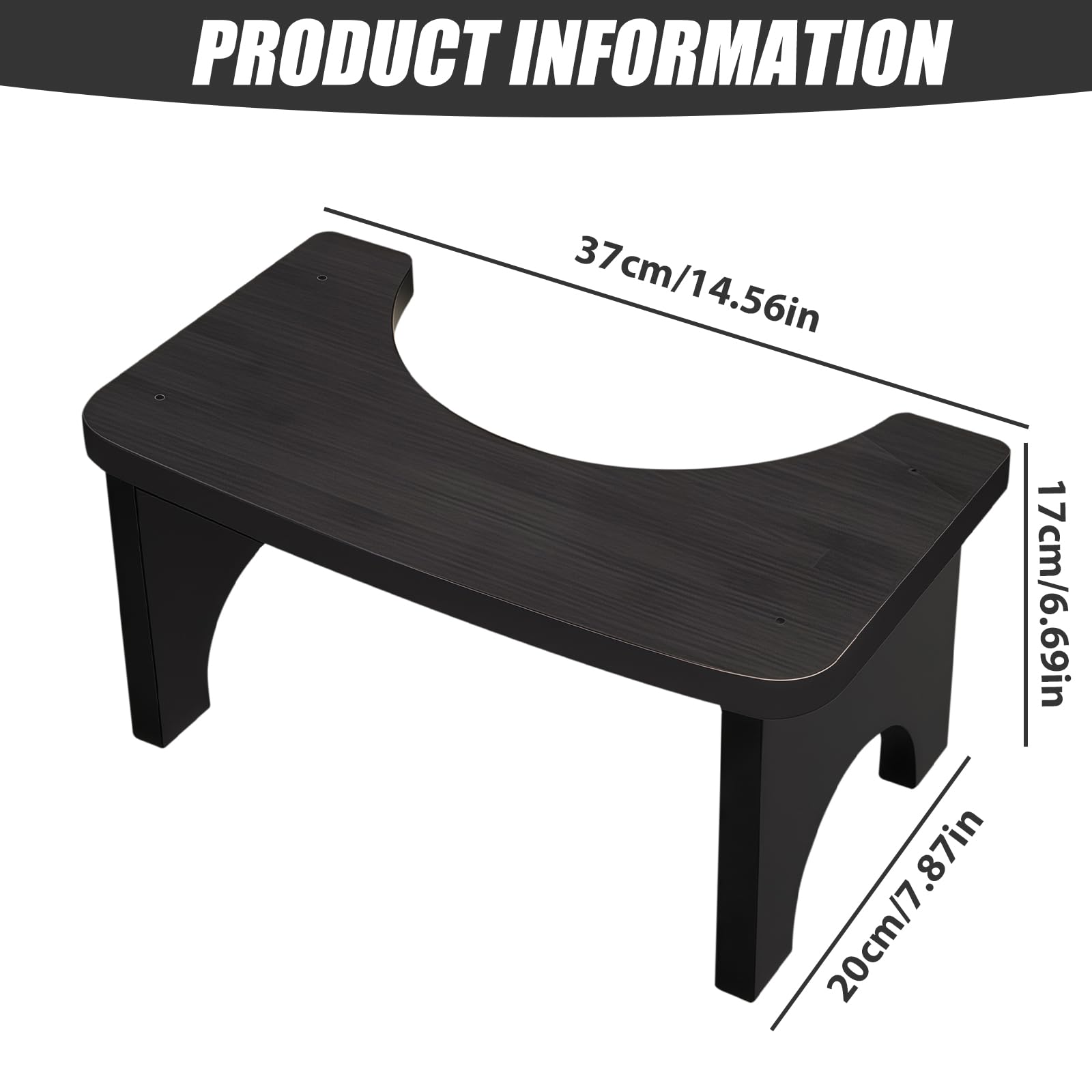 Sgabello WC in legno, per adulti e bambini, 37 × 20 × 17 cm, ergonomico, per migliorare la defecazione, sgabello antiscivolo per bagno, nero