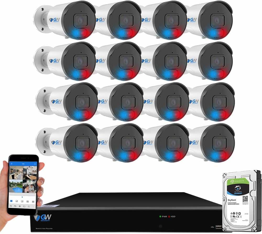 GW Security 16 Channel 4K 12MP NVR H.265+ 8MP Fulltime Color Night Vision Security Camera System with 16 x 8MP IP Two-Way Audio Outdoor Alarm Lights PoE Security Cameras, AI Human & Vehicle Detection