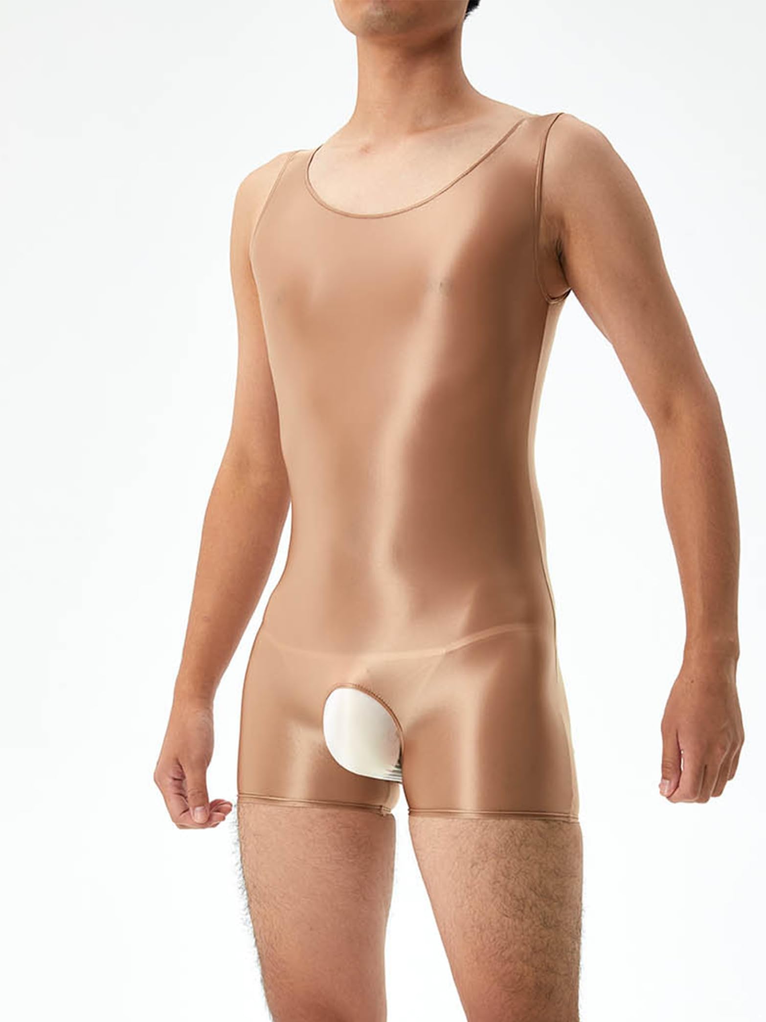 Eandarui Men's Glossy Hollow Out One-Piece Bodysuit Boxer Jumpsuit Athletic Sport Wrestling Singlet Coffee Medium