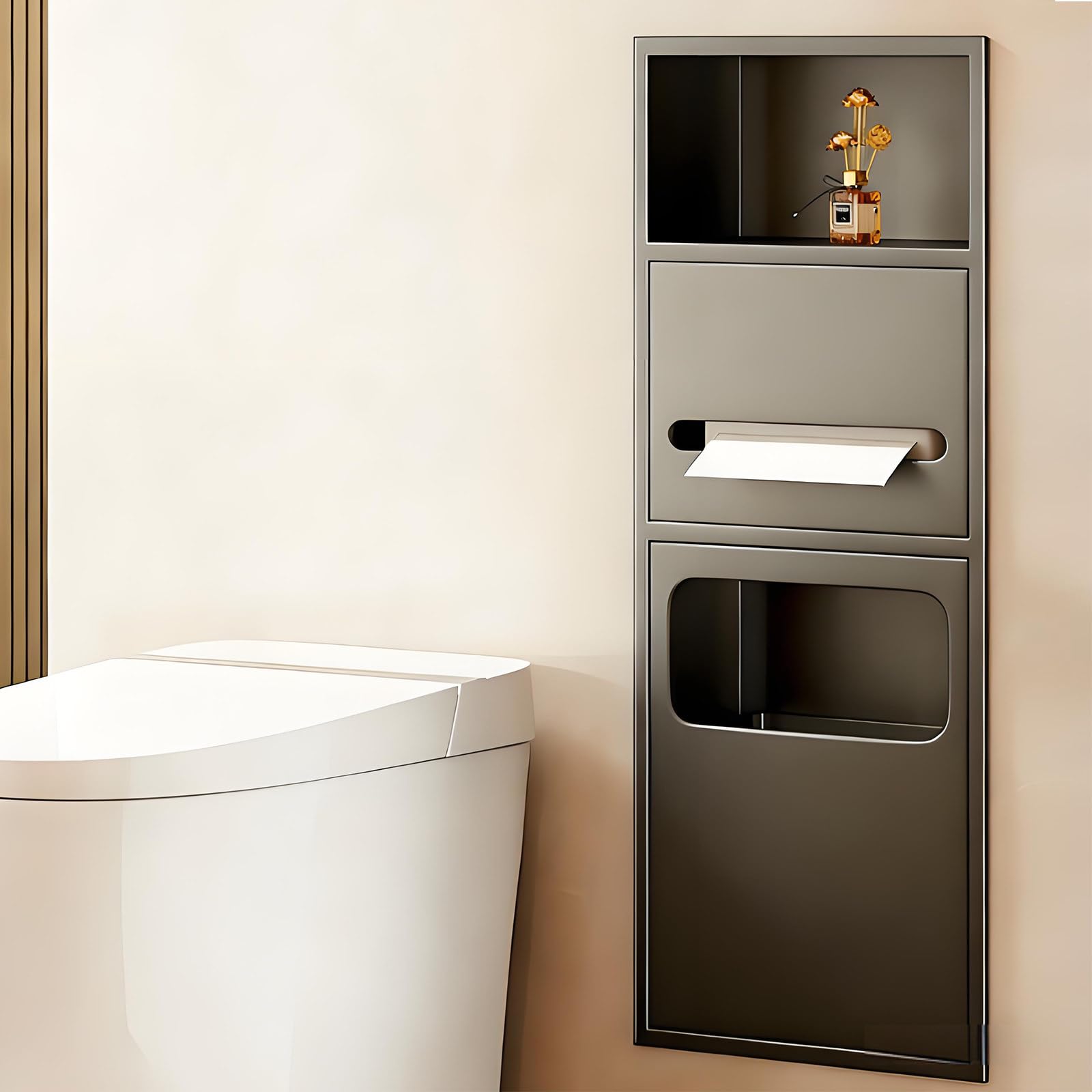 Recessed Toilet Paper Holder with Built-In Trash Can, Space-Saving Rack, Waterproof Organizer for Bathroom