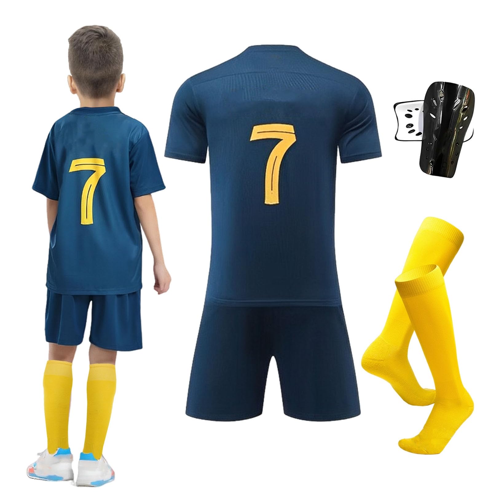 Byhsoep Camiseta de Fútbol,Conjunto de Fútbol de Jersey para Niños con Camiseta,Camiseta Deportiva de Fútbol con Pantalones Cortos,Calcetines y Placa Protectora de Rodilla