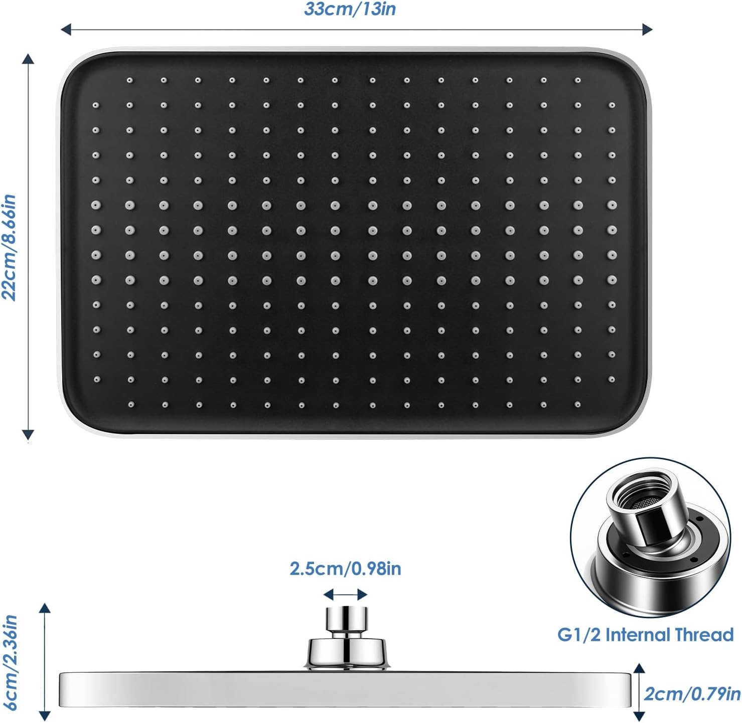 Ronvie 13 Inch Luxury Square Rain Shower Head, Powerful High Pressure & Water Saving Fixed Overhead Chrome Showerhead with Adjustable Ball Joint, Easy No-Tool Installation G1/2” Fitting