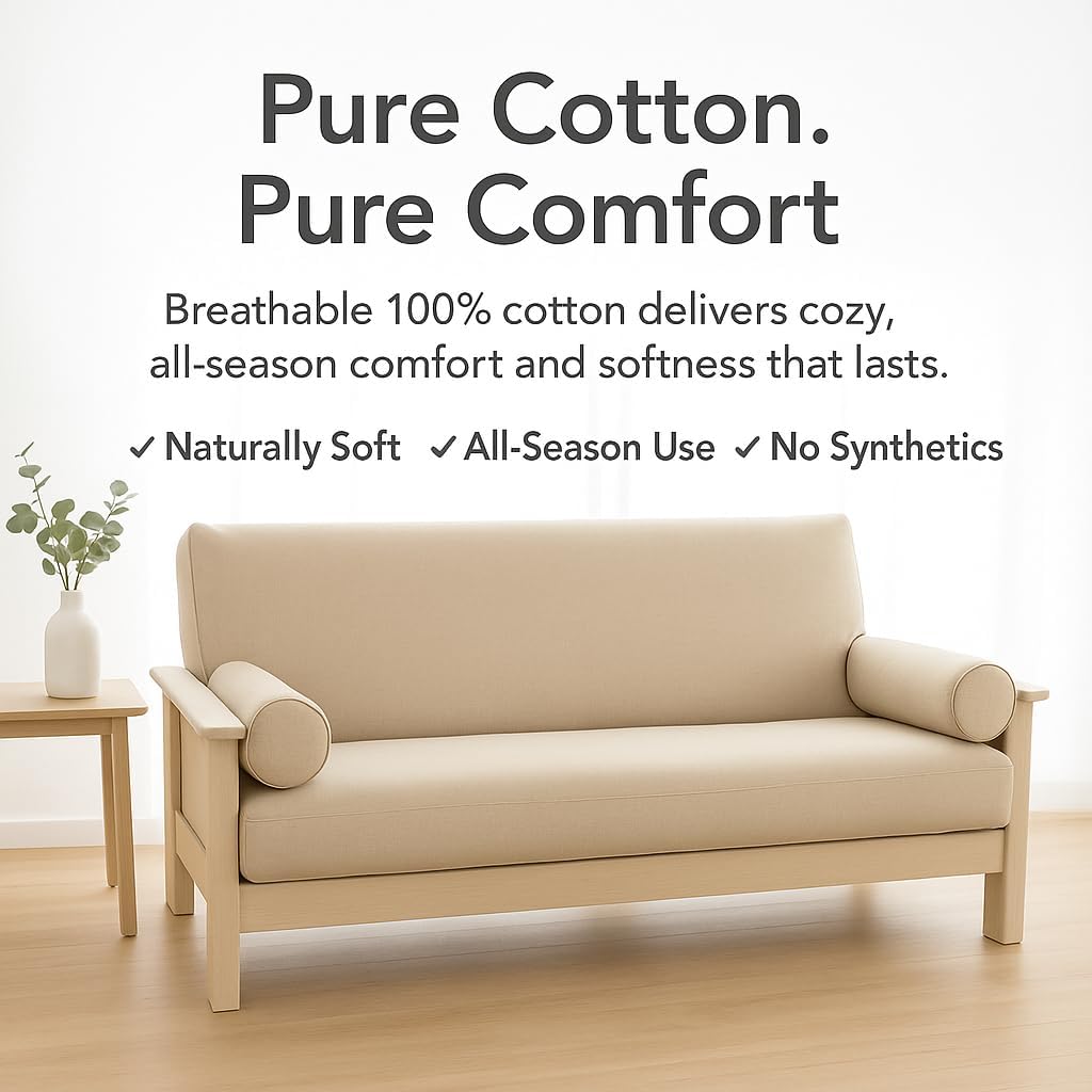 National Allergy 100% Cotton Zippered Futon Cover Full Size - Khaki - Machine Washable Futon Mattress Cover with Zipper, Durable Armless Sofa Bed Covering (54x75) - Tan