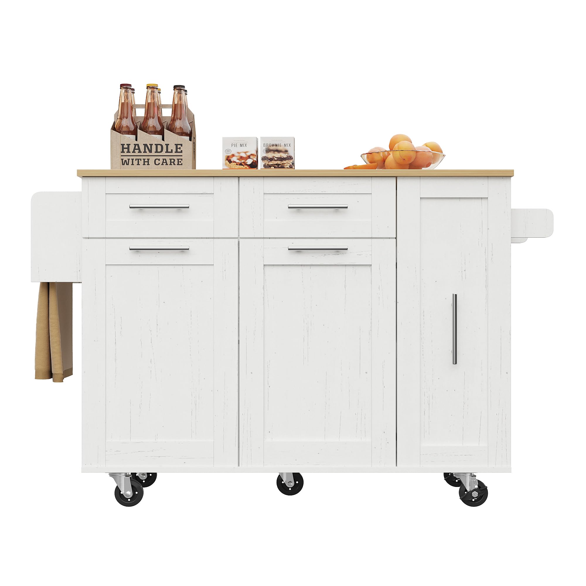 Kücheninsel, Küchenschrank, Buffetschrank, Speisewagen mit Holzmaserung, Multifunktionale Esstisch mit Speicherraum, mit Snackregalen und Stretchfunktionsschränken, Weiß