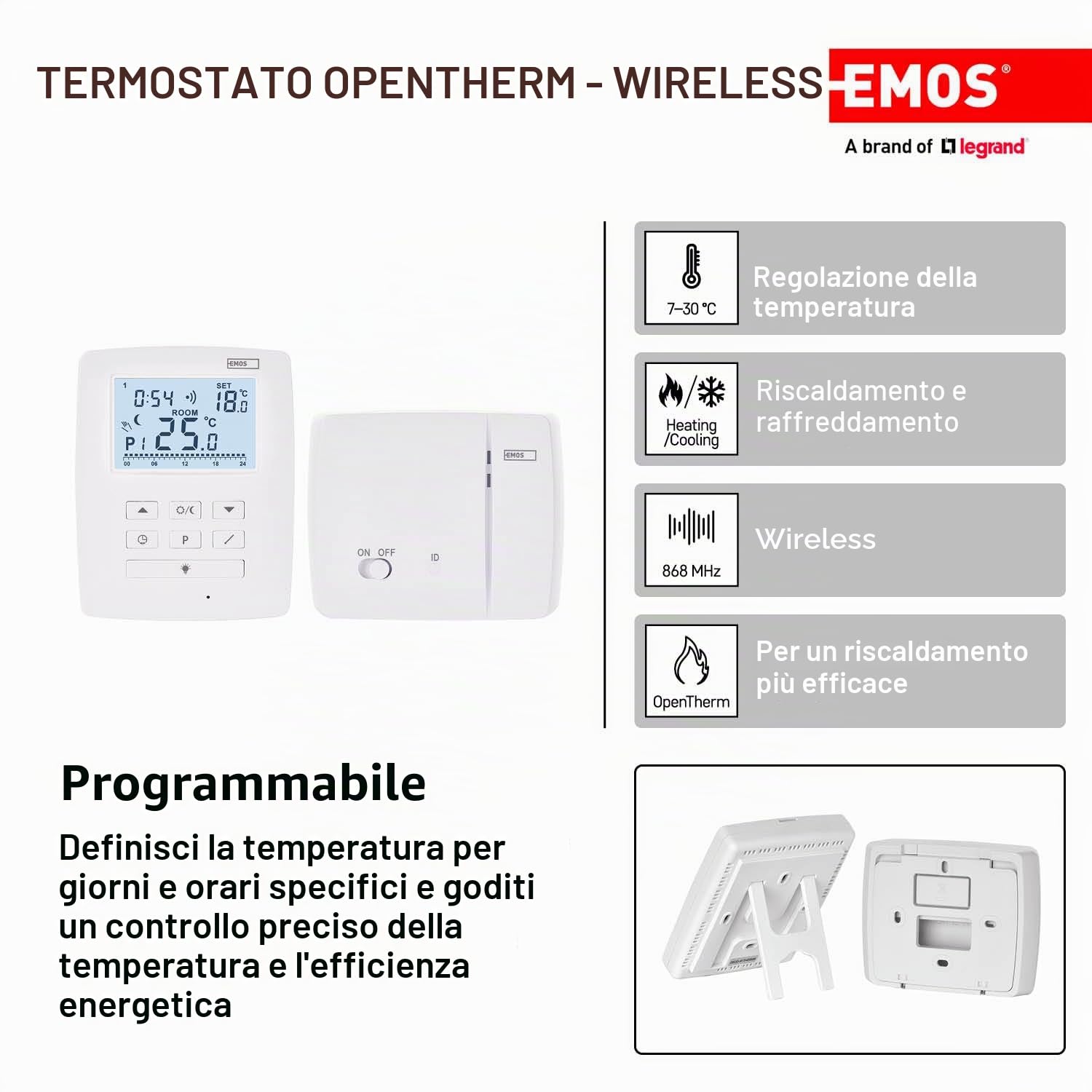 EMOS Termostato wireless OpenTherm, regolatore di temperatura digitale programmabile per riscaldamento o aria condizionata, 9 programmi, antigelo, ON-off, differenziale regolabile, 11,5 x 3,7 x 9,1