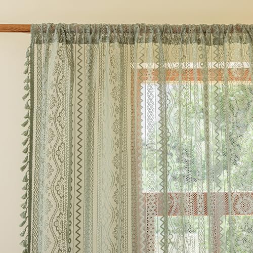 Image of MYSKY HOME Boho Lace Sage Green Sheer Curtains 2 Panels Set 84 inch Long Vintage Floral Crochet Pattern Privacy Rod Pocket Tassels Small Windows Spring Curtains for Living Room Bedroom, 55 inch W