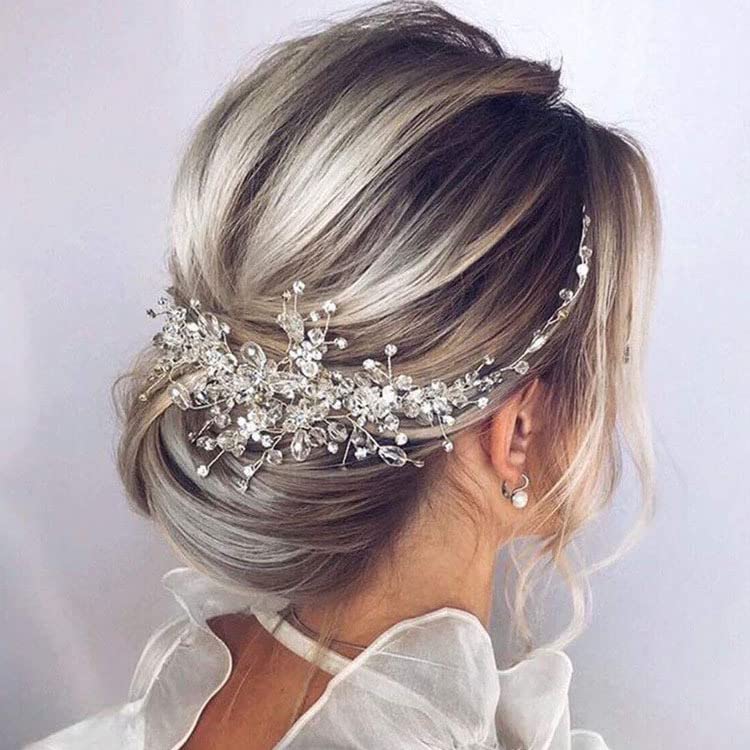 Bride Wedding Hair Comb Floral Vine Silver Rhinestone Headpiece for Women