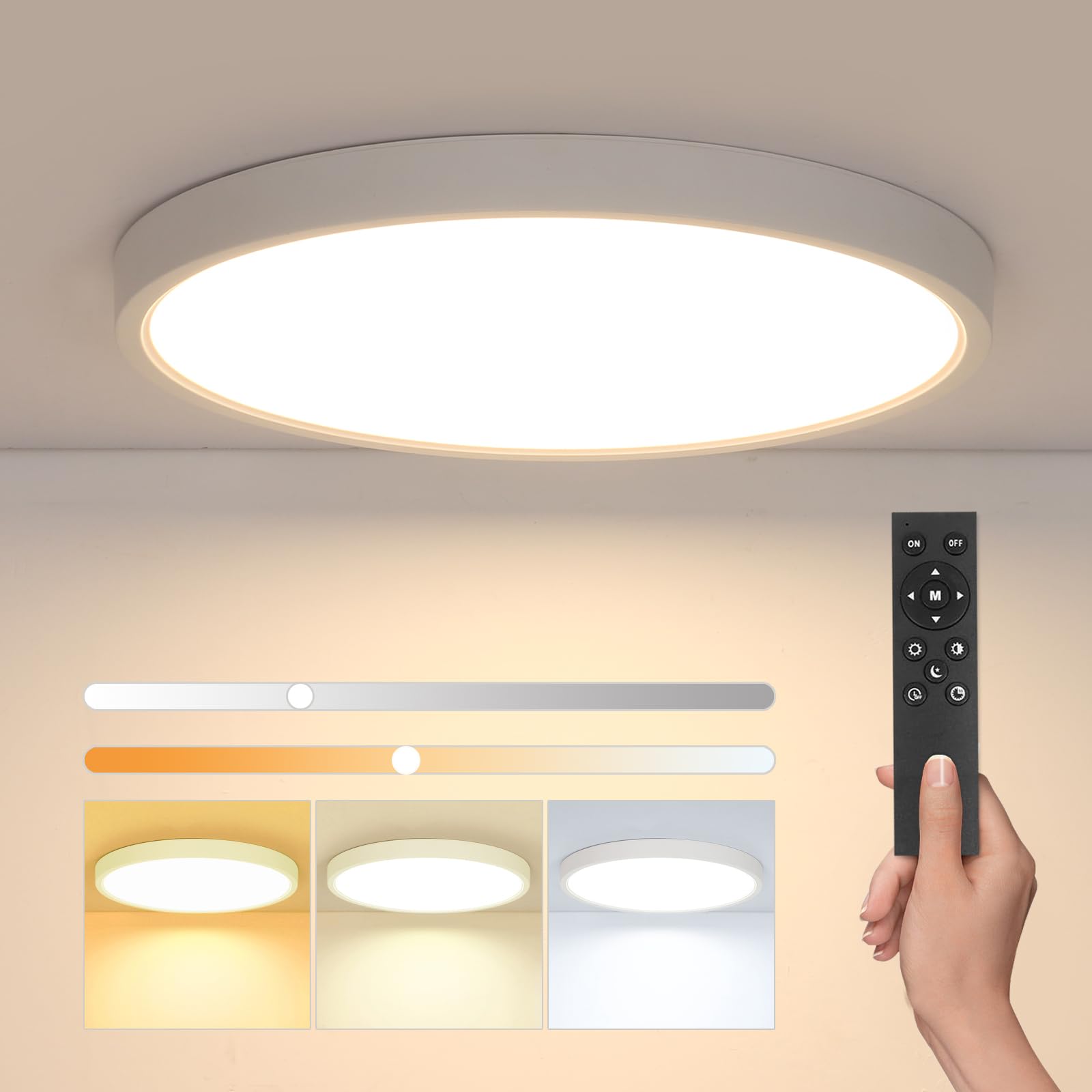 Comely Regulowana Lampa Sufitowa, Średnica 30 cm 24W Plafon LED Do Sypialni IP44, 3000K-6500K 2160 lm Do Kuchni, Sypialni, Korytarza, Łazienki, Salonu