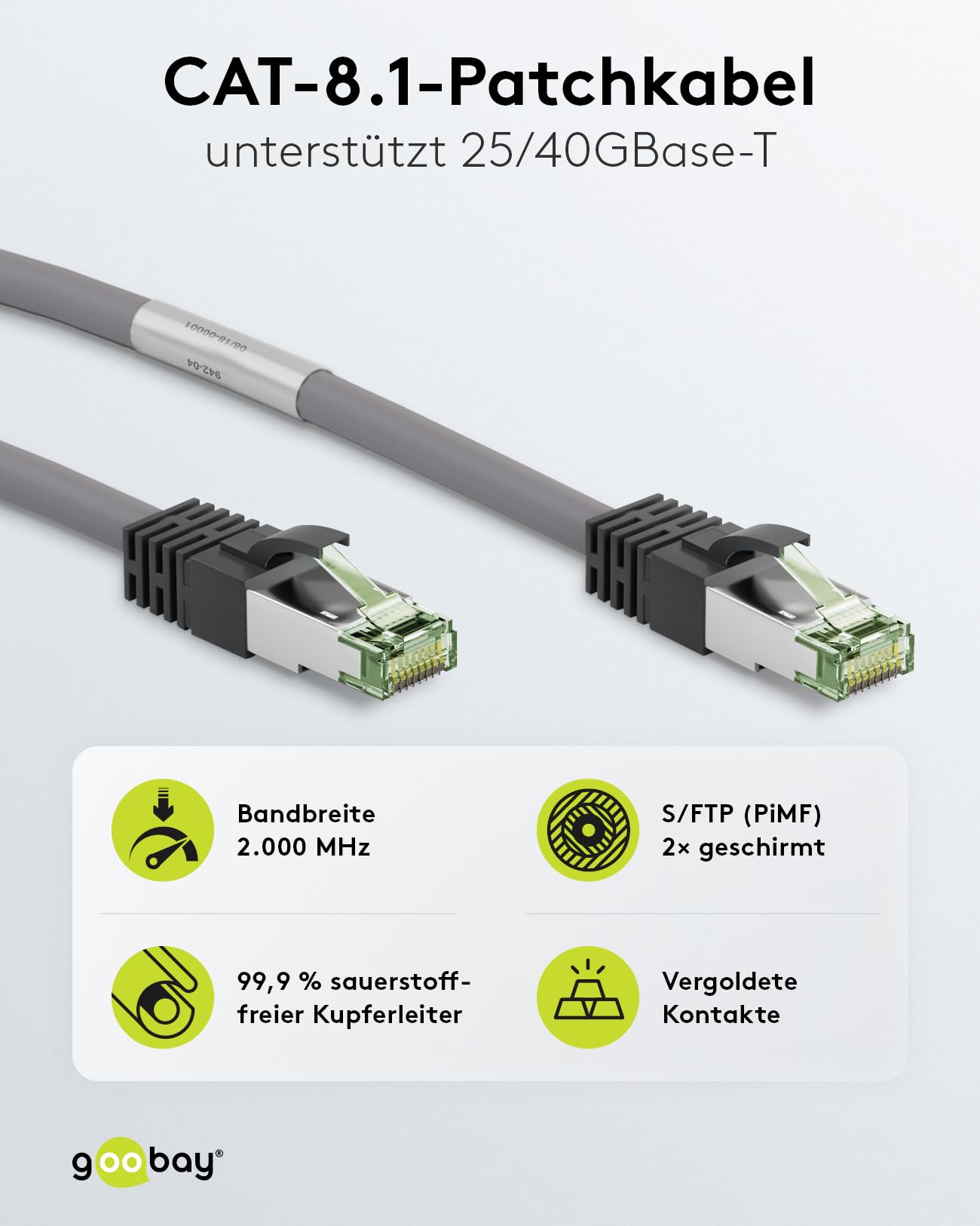 Goobay 55135 RJ45 cable de conexión CAT 8.1 / enchufe RJ45 / 8K Gaming PS5 Playstation 5 & Xbox / 2.000 MHz/cable de red OFC/cable DSL/Gris/Cable LAN 0,5 m