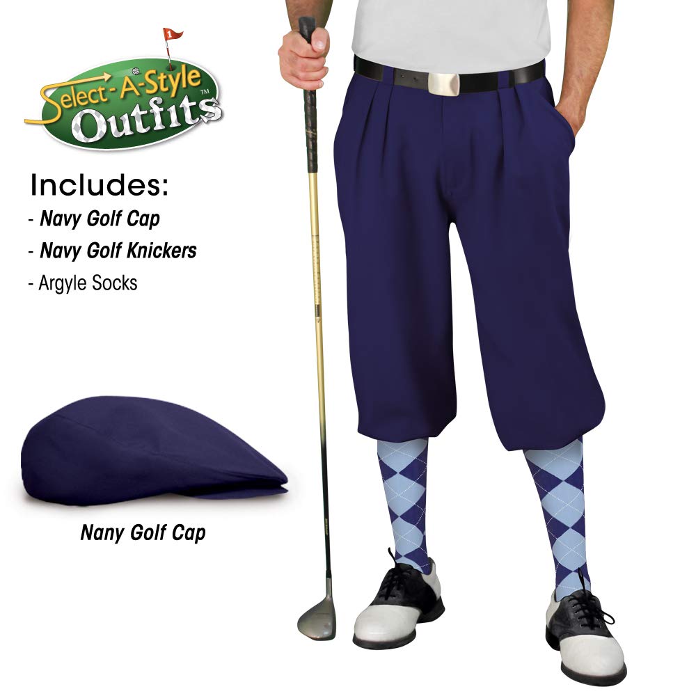 Golf Knickers Mens Select A Style Outfit - Matching Golf Cap - Navy - Waist 32 - Sock - Navy/Lt Blue