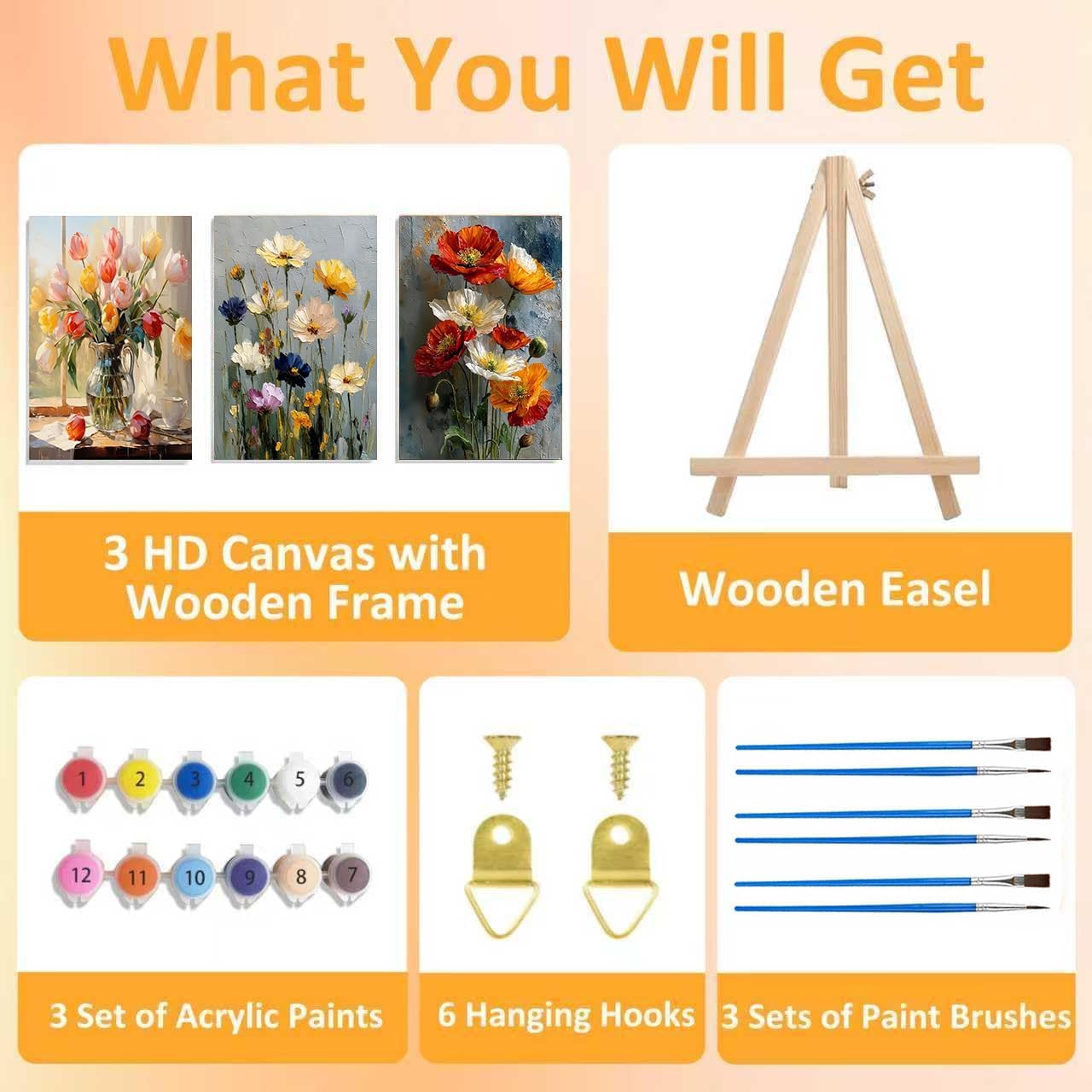 3 Pack Floral Framed Paint by Numbers for Adult with Wooden Easel, Flowers Paint by Number on Canvas Oil Painting Kit with Brushes, Easy Adults' Paint-by-Number Kits for Home Wall Decor (8x12 inch)