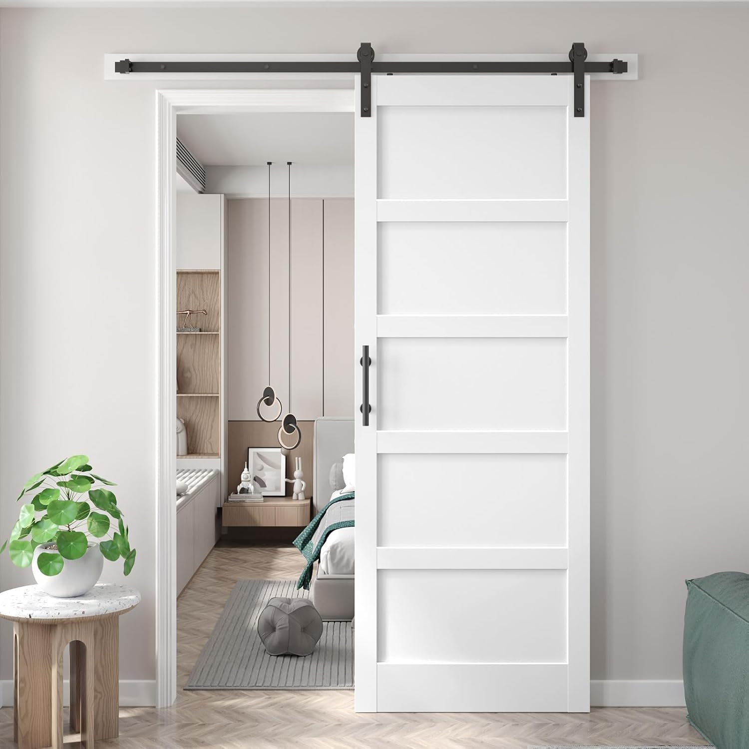 Fredbeck 36x96 inch White Barn Door with 6.6FT MDF Sliding Door Hardware Kit Included & Handle,Solid PVC Surface,DIY Assembly,5-Panel 36x96 single door