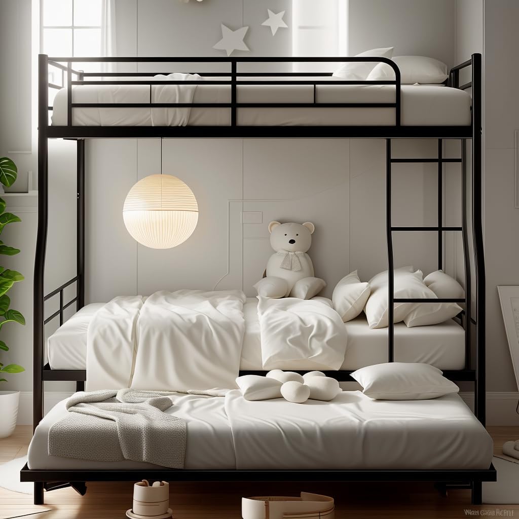 DNYN Full XL Over Queen Bunk Bed with Trundle for Kids Bedroom,Easy Assemble & Space Saving Design & No Box Spring Needed,for Dorm,Bedroom,Guest Room, Black