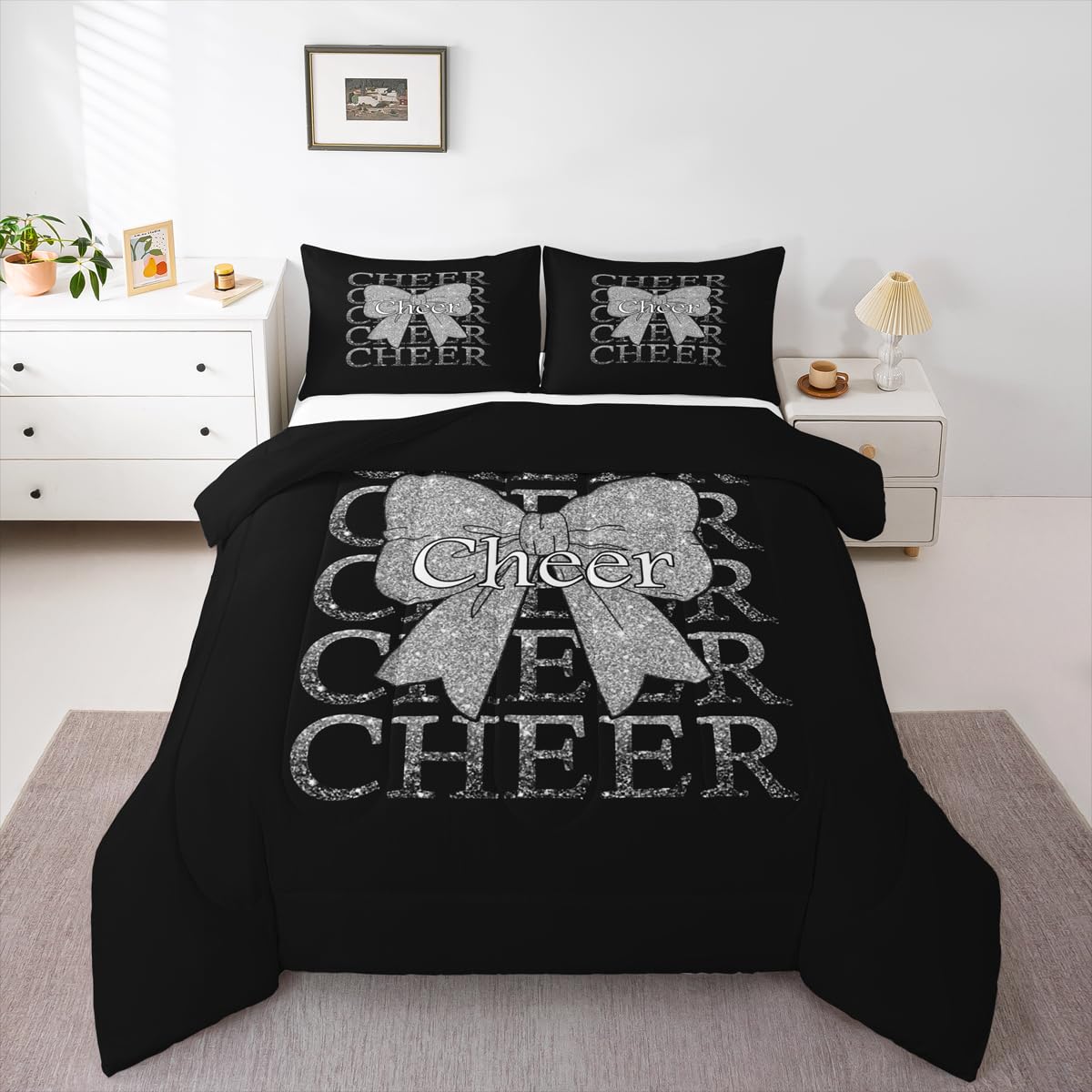 Feelyou Cheer Bow Comforter Set Twin Size Cheerleading Bedding Set for Kids Boys Girls Funny Sport Duvet Quilt Silver Bedroom Decor Microfiber 2 Pcs with 1 Pillow Cases