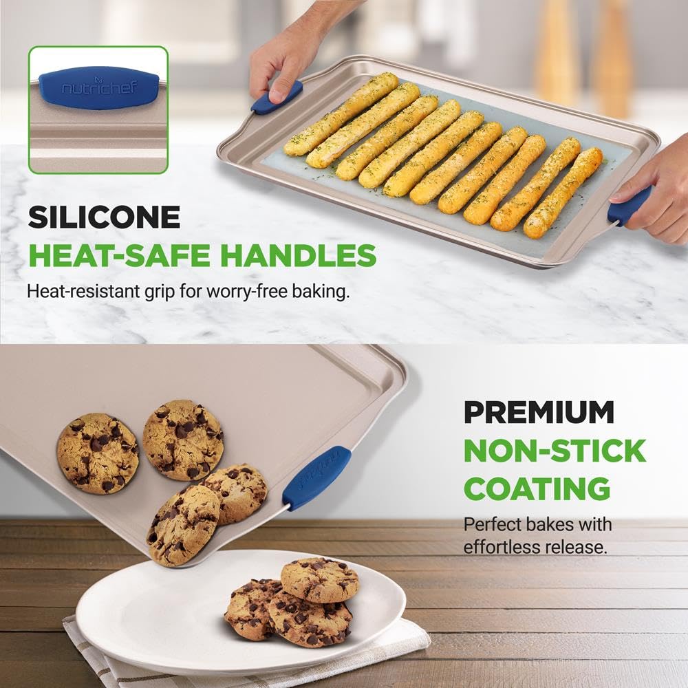 NutriChef Juego de sartenes para horno de cocina con revestimiento dorado antiadherente de lujo en el interior y el exterior de acero al carbono con asas de silicona azul, duradera y fiable, estilo