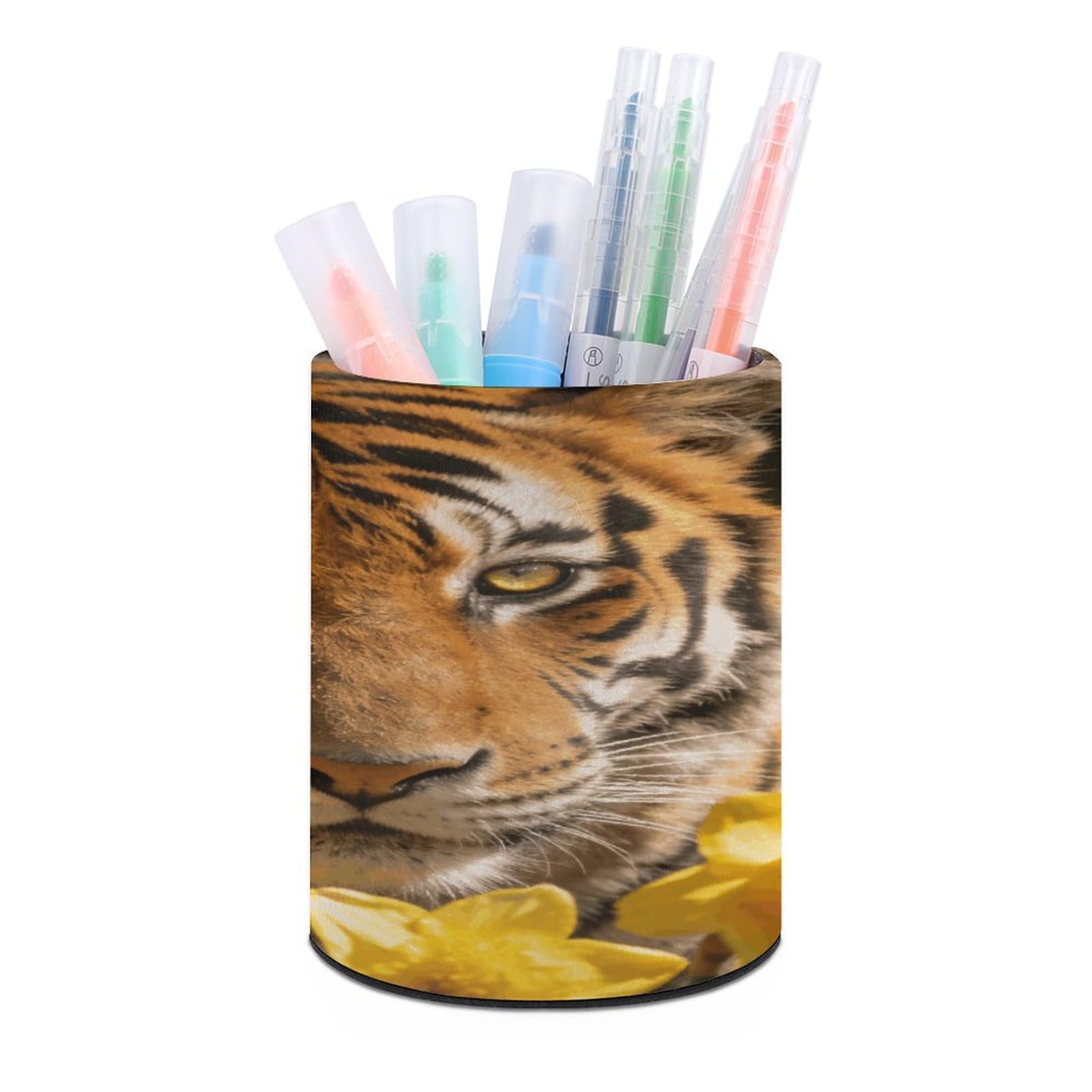 LZQPOEAS - Yellow Flower Tiger Pen Holder for Desk Organizer, Modern Minimalist Pencil Storage Case PU Leather Multifunctional