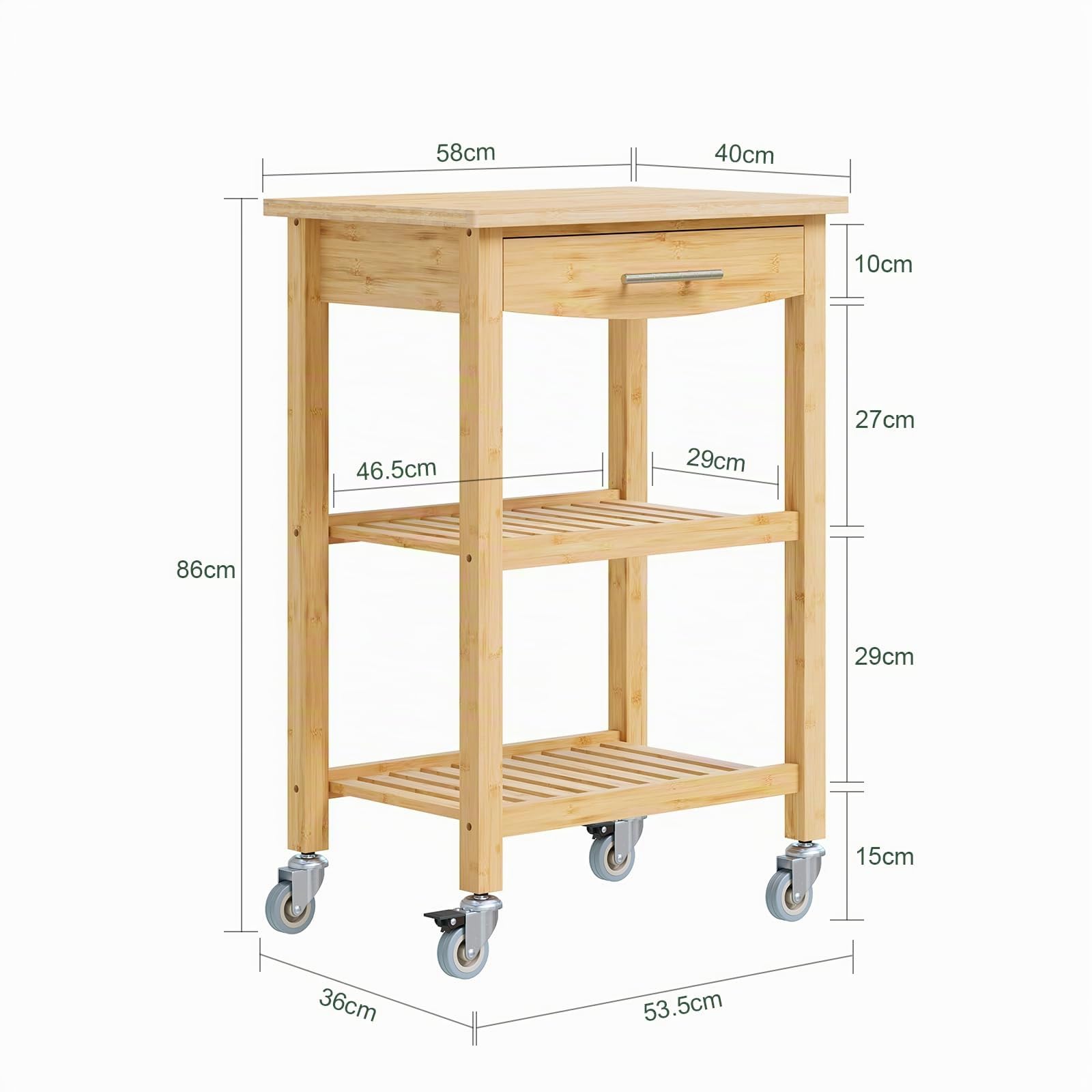 SoBuy Carrito de Cocina con Ruedas, cajón y 2 estantes, 58x40x86 cm | Carro de cocina de bambú carbonizado, 50 kg, antibacteriano y fácil de limpiar, para cocina y comedor, FKW135-N