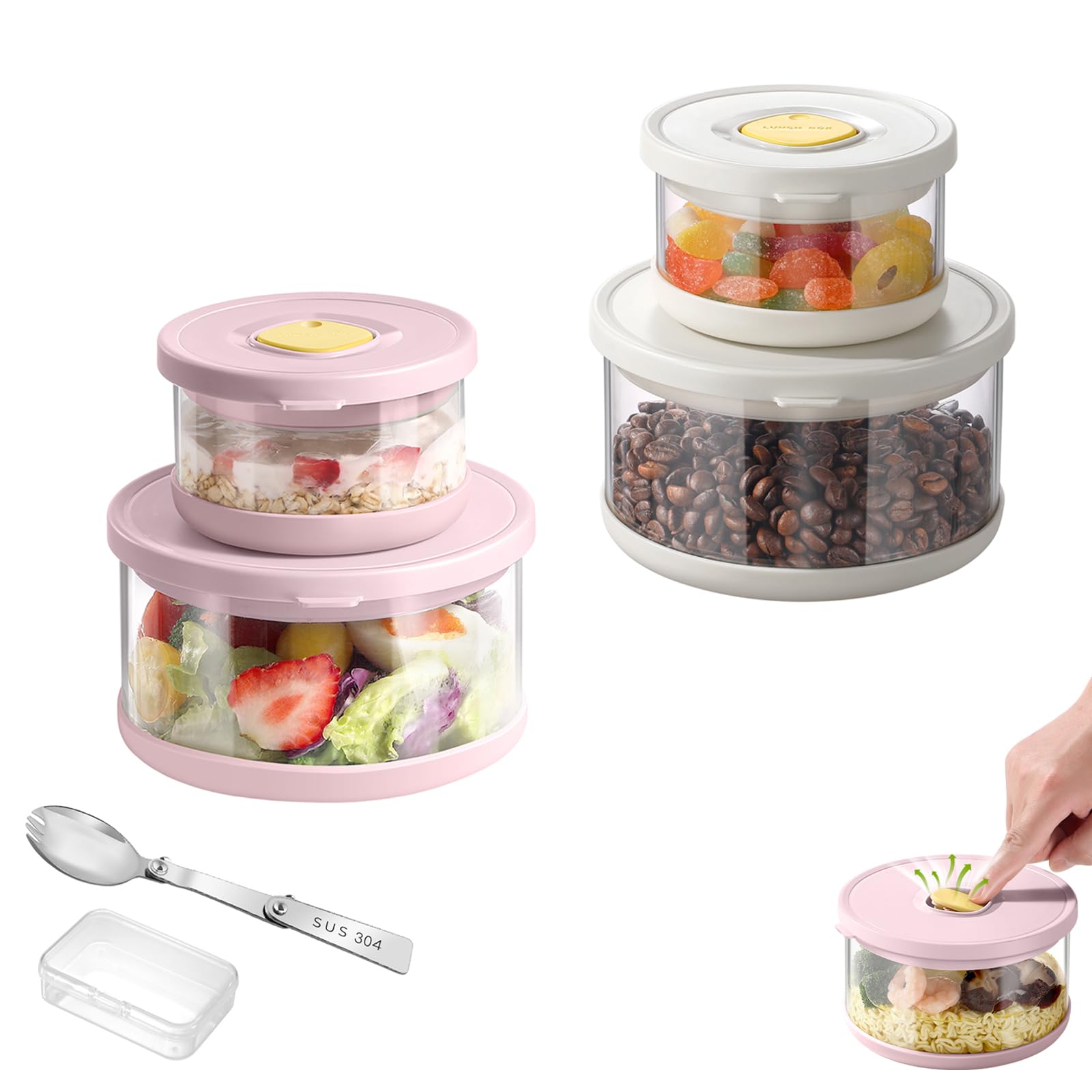 SAYAPE Recipientes de vidrio para almacenamiento de alimentos con tapas herméticas, recipientes de vidrio de borosilicato alto de 33.8 onzas y 11.5 onzas con tenedor, cajas de almuerzo Bento para