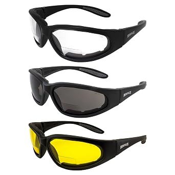 Global Vision Hercules Bifocal Motorcycle Safety Glasses Sunglasses 3 Pairs Padded Black Frames Clear Smoke & Yellow Lenses +2.0 Magnification Z87.1