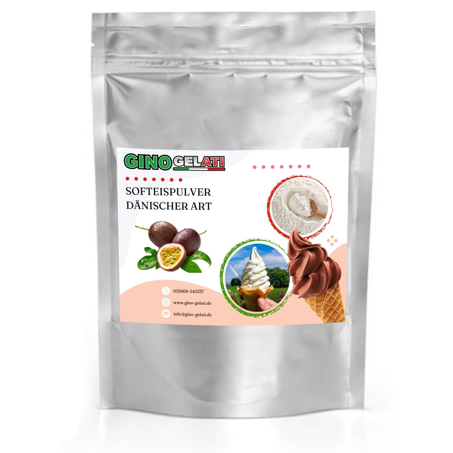 Gino Gelati Dänisches Softeis Pulver, fruchtiger Geschmack, verschiedene Geschmacksvarianten, schnell und einfach Zubereitet, Made in Germany, Eis selber machen (10 Kg, Maracuja)