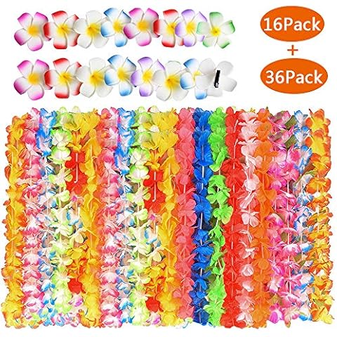 Evance 36pcs Tropical Hawaiian Luau Flower Lei Garland with 16pcs Hawaiian Flower Hair Clips for Luau Summer Party Decorations Favors (Muilticolor) Cover
