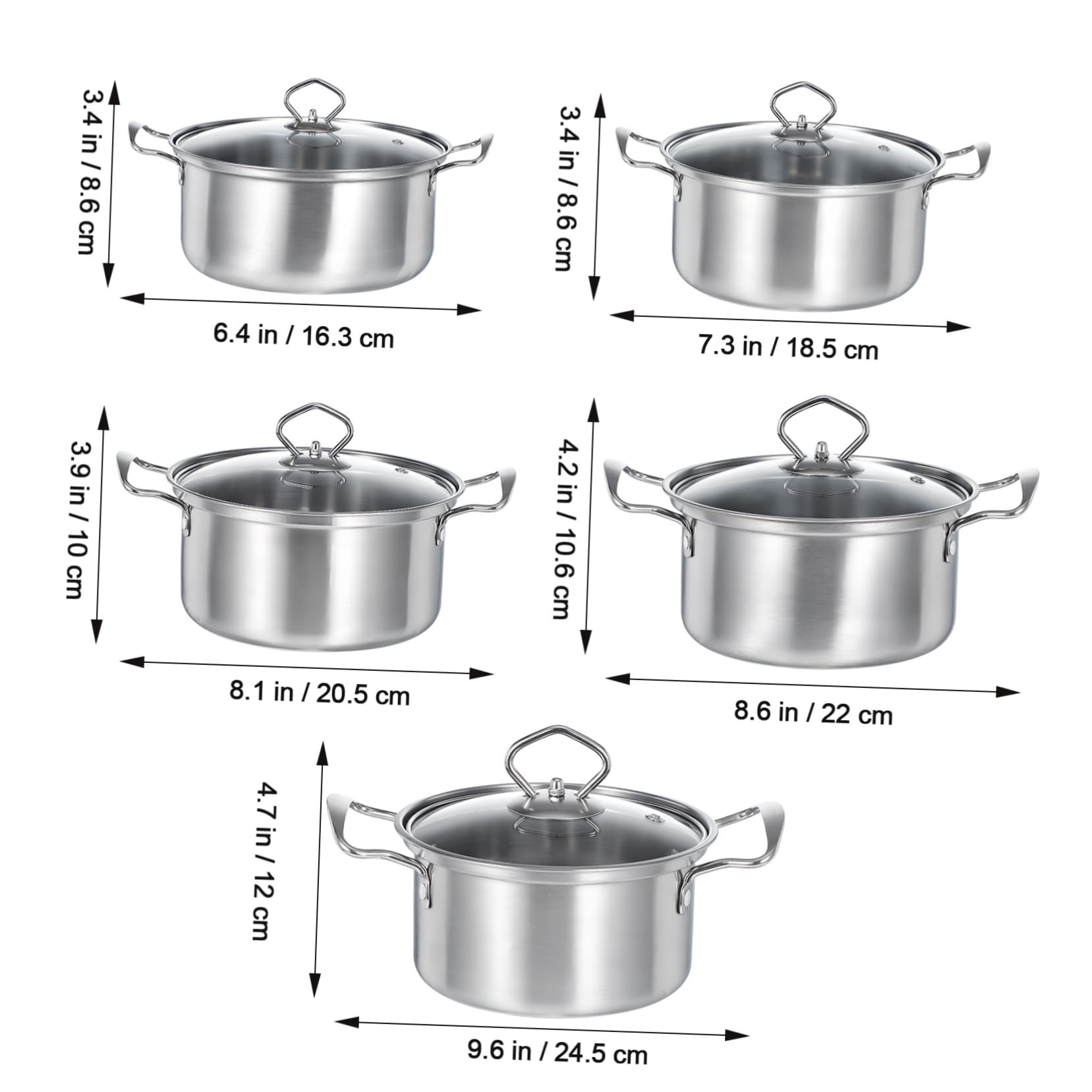 Hemobllo Set Pentole da Minestra 5 Pezzi in Acciaio Inox per Induzione | Coperchi in Vetro, Doppie Maniglie, Finitura Argento, Uso Versatile in Cucina, Set All-in-one