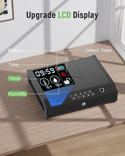 Miniatura 9 de HOLEWOR Gun Safe, Biometric Gun Safes for Pistols with LCD Display of Temperature Humidity, Fingerprint Quick Access Pistol Safe Sturdy Handgun Safe
