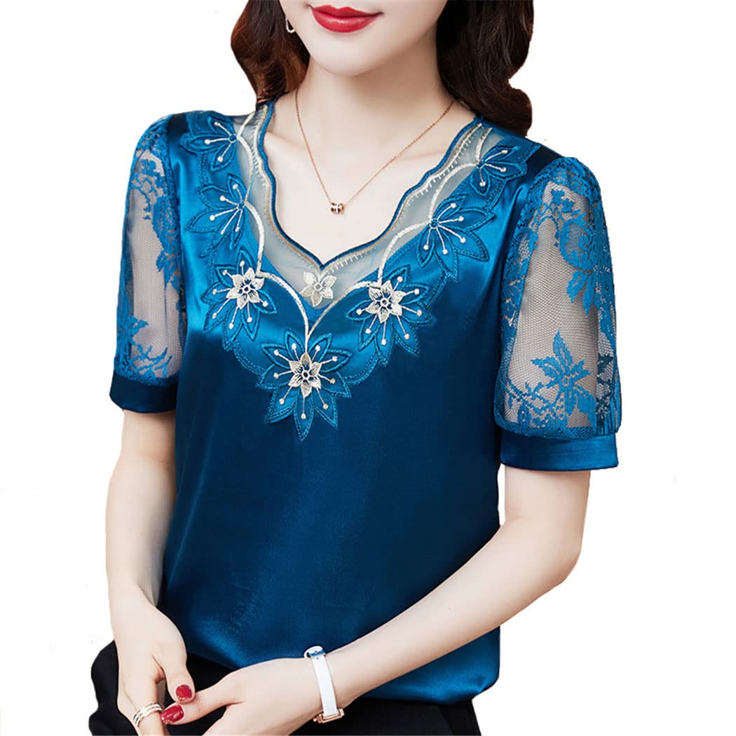 FULBHPRINT Blusa de encaje de satén con cuello en V para mujer, de manga corta, de malla de flores