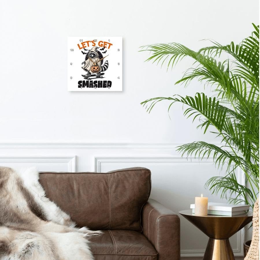Miniatura 2 de 3dRose, Lets Get Smashed Funny Vintage Halloween Raccoon on a Skateboard, 10x10 Wall Clock