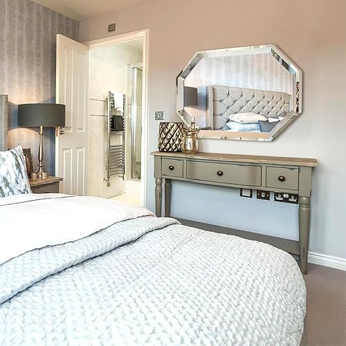 Miniatura 5 de Chende Espejo de pared decorativo grande octogonal, espejo de baño en ángulo de 24 x 36 pulgadas con marco de acero inoxidable, espejo moderno de