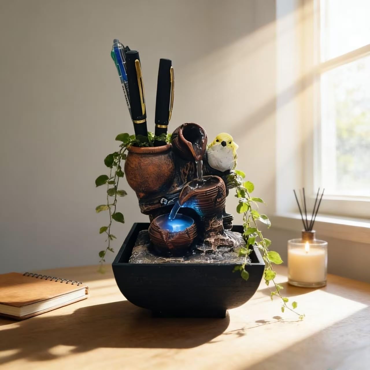 Indoor Water Fountain, Small | Desk Waterfall, Zen Tabletop Design, Home Office Decor, Mini Size