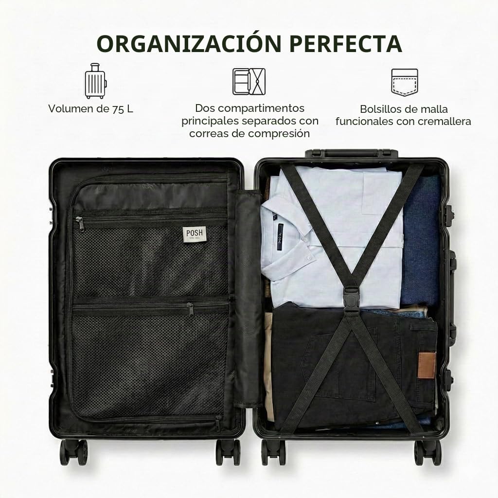 POSH Maleta rígida – Carros de policarbonato con marco de aluminio y cerraduras TSA – M, L, XL, maletín de viaje 60, 70, 80 cm, silencioso, ruedas dobles de 360 grados, Negro , L, Maletín rígido de