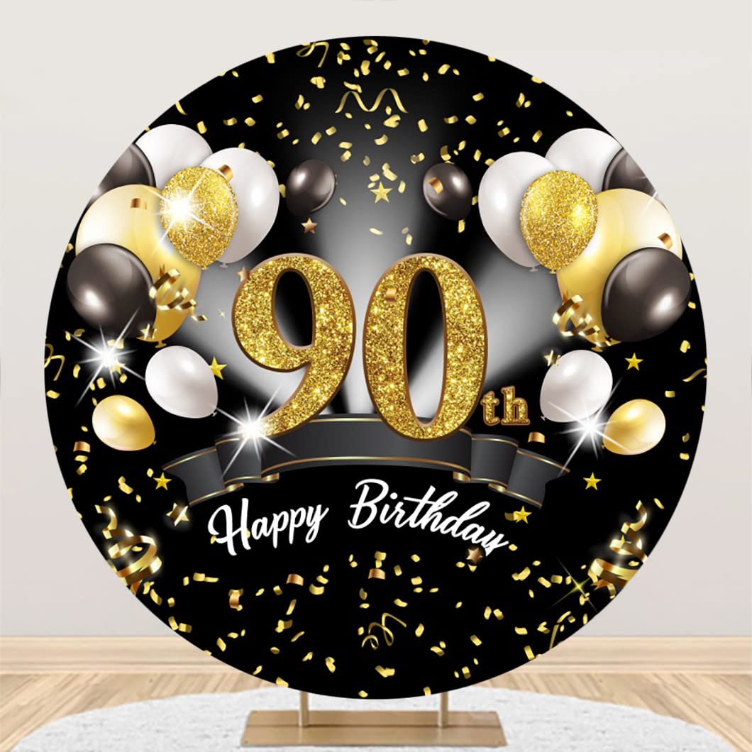 Leyiyi 7.2x7.2ft 90th Happy Birthday Round Backdrop Cover Polyester Black White Gold Balloons Glitter Photography Background for Men Women 90th Birthday Party Decorations Photo Booth Props