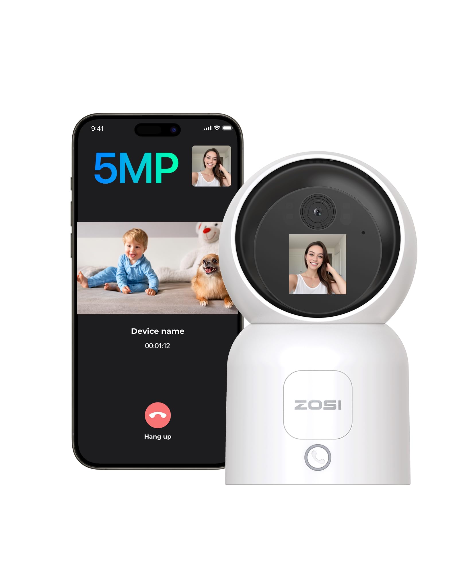 ZOSI 5MP Cámara Vigilancia WiFi Interior con Enchufe para Bebé/Mascota, 2,4G/5G WiFi y Pantalla de 1,44”, Pan 360° Tilt 90°, Seguimiento de Persona, Videollamada con un Clic o Gesto Ok