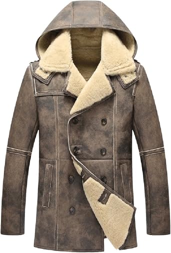Denny&Dora Mens Shearling Coat Sheepskin Jacket Genuine Leather Hooded Outerwear Long Style Mens Fur Coat