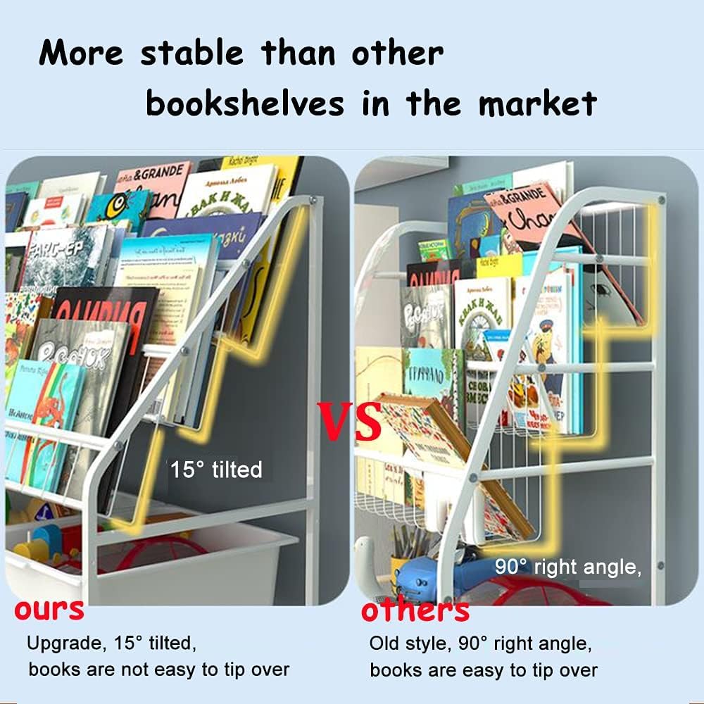 TAME Kids Bookshelf With 6 Storage Box,5 Tier Metal Kids Bookcases Children's Toy Storage Rack, 6 Storage Drawer for Books Toys storage, Book Unit Storage Shelf for Playroom, Bedroom