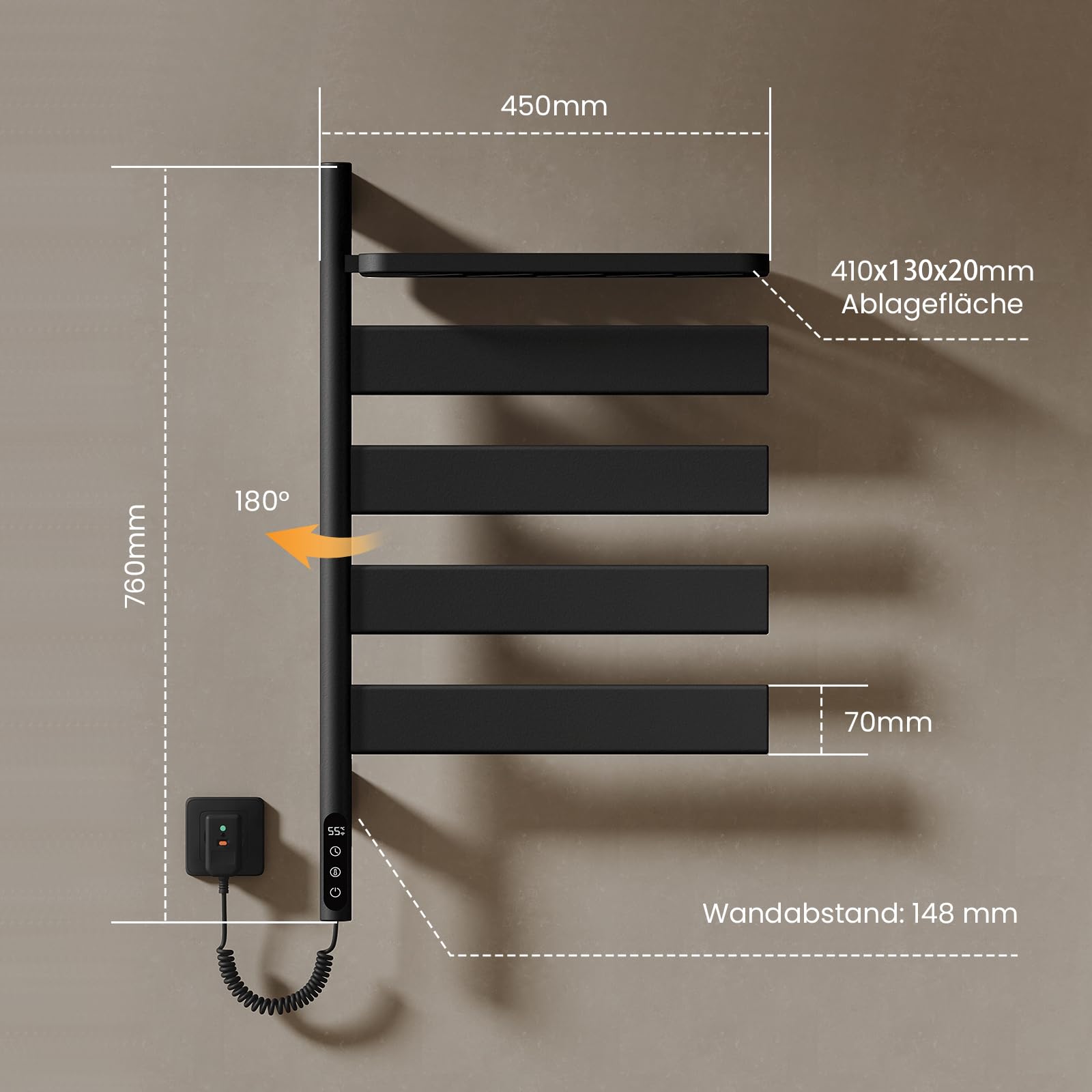 EMKE Radiador eléctrico para toallas, giratorio de 180 grados, calefactor de baño, eléctrico con rack, wifi, toallero, toallero, eléctrico, negro, 125
