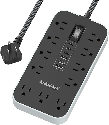 Cable de extensión con puertos USB - Regleta de alimentación de 5 pies con USB, 1625 W con 11 tomas de corriente alterna, 6 USB (24 W4.8 A),