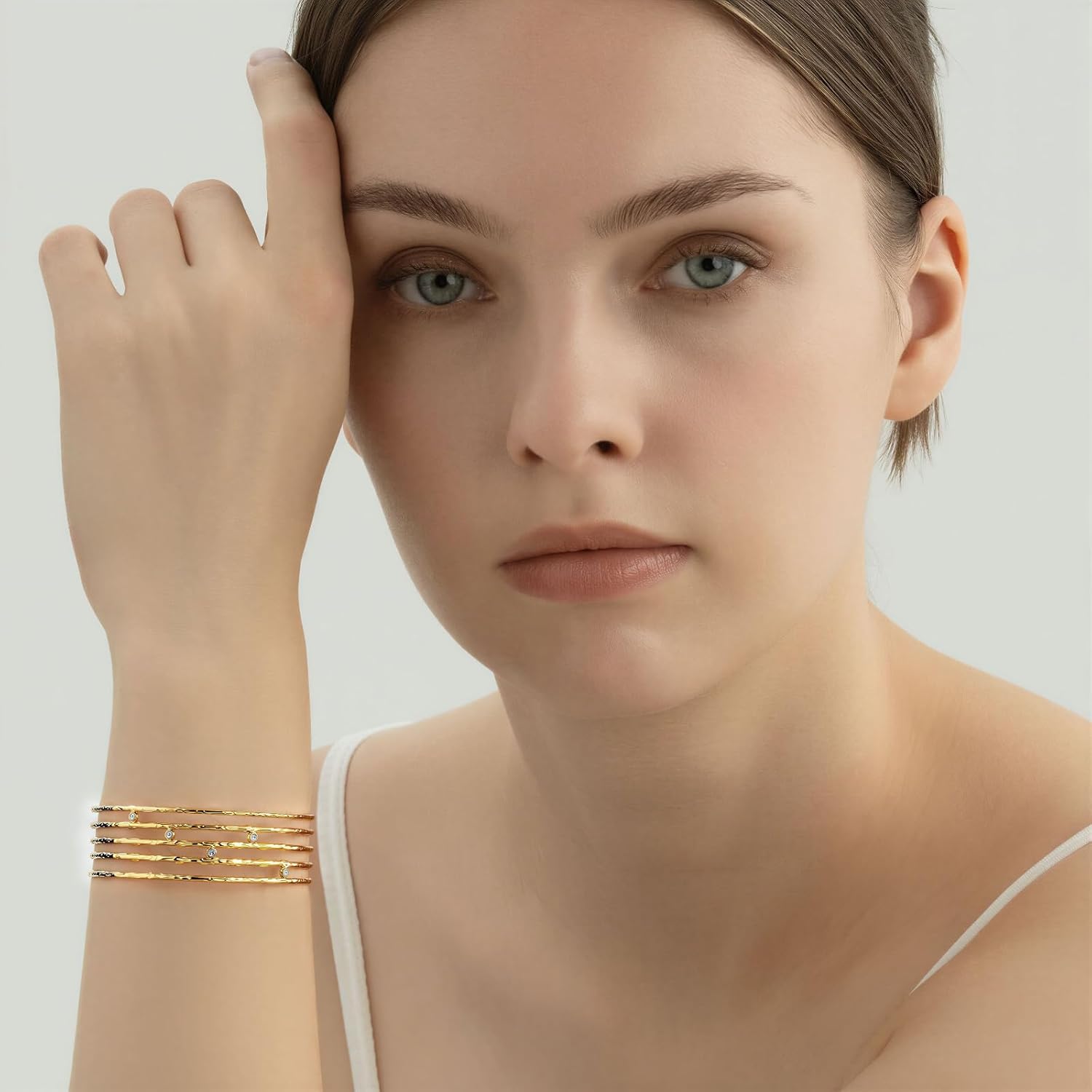 14K Gold Plated Textured Cuff Bracelet for Women - Modern Multi-Band Stainless Steel with Preciosa Crystals - Image 2