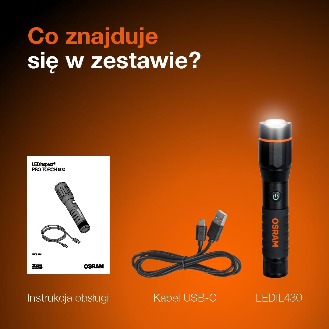 OSRAM LEDinspect PRO TORCH 500, akumulatorowa latarka inspekcyjna LED, funkcja zoom, jasność 500lm, 6000K, 4 tryby światła