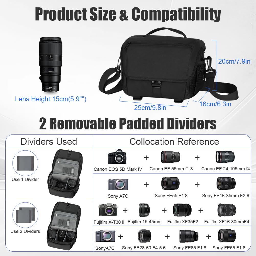 Sac pour Appareil Photo Bandoulière, Camera Bag DSLR, Sac à Dos pour Appareil Photo Crossbody Sling Compact Compatible avec Canon Nikon Sony SLR/DSLR Appareils Reflex/Hybride